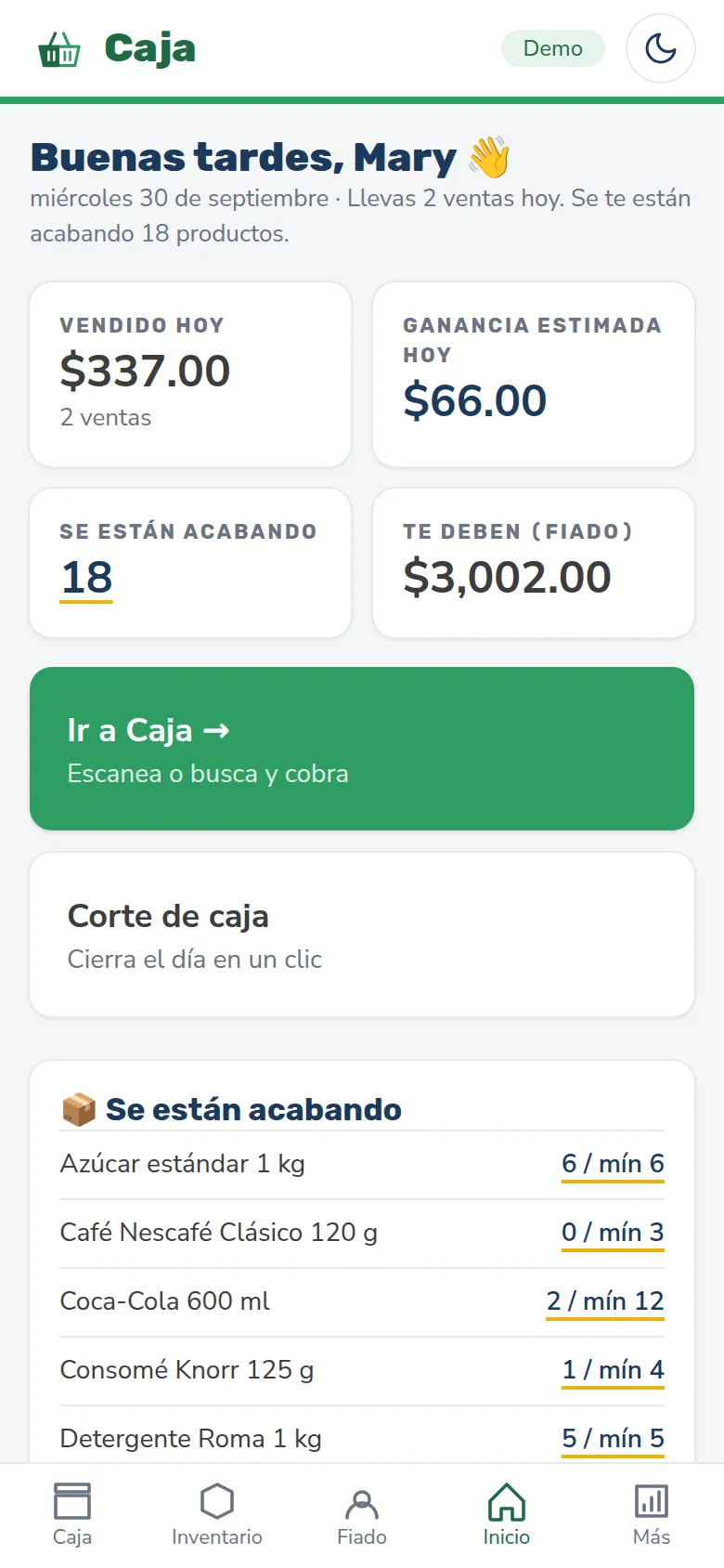 Inicio de Caja en el celular: vendido hoy, faltantes y fiado