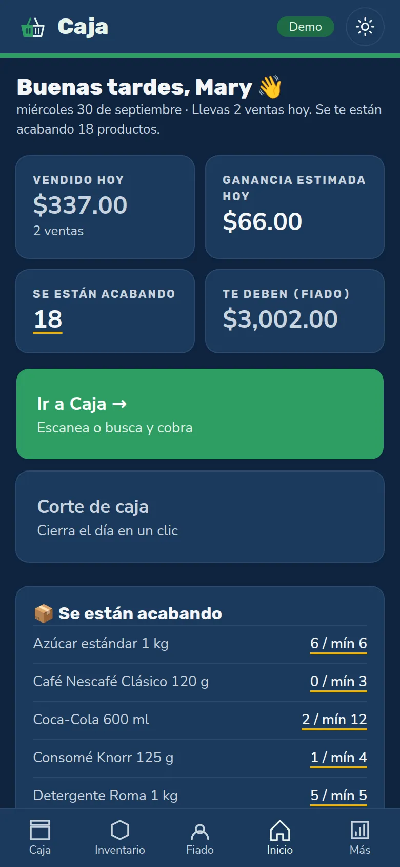 Inicio de Caja en el celular, modo oscuro